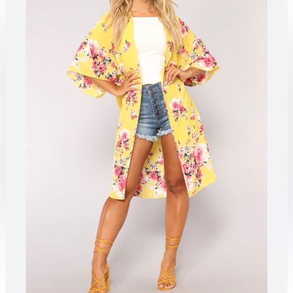 Love J yellow floral print kimono cover up top Sz L - Picture 1 of 7